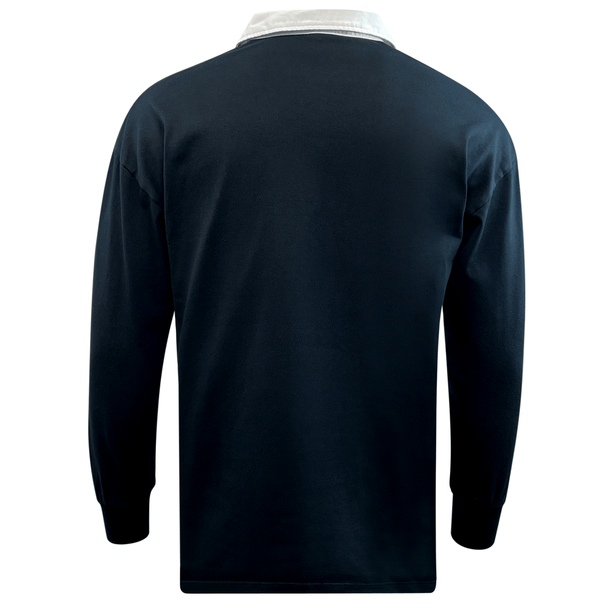 A man wearing a dark long-sleeve EMB Mudoo Fiji Classic Rugby Jersey viewed from the back.