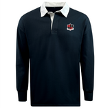 The Southern Pines Youth Rugby Classic Long Sleeve Jersey by EMB Mudoo features a black body, white collar, and red and white shield logo on the left chest. Crafted from a soft cotton/poly blend, it offers ultimate comfort.