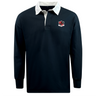 The Southern Pines Youth Rugby Classic Long Sleeve Jersey by EMB Mudoo features a black body, white collar, and red and white shield logo on the left chest. Crafted from a soft cotton/poly blend, it offers ultimate comfort.