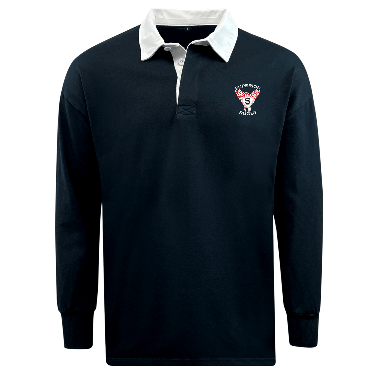 The EMB Mudoo Superior Rugby Club Classic Long Sleeve Solid Rugby Jersey features a navy design with white collar, button placket, cotton poly blend, and "Superior Rugby" logo on the left chest for authentic style.