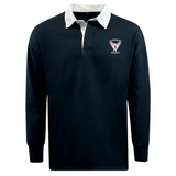 The EMB Mudoo Superior Rugby Club Classic Long Sleeve Solid Rugby Jersey features a navy design with white collar, button placket, cotton poly blend, and "Superior Rugby" logo on the left chest for authentic style.