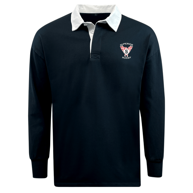 The EMB Mudoo Superior Rugby Club Classic Long Sleeve Solid Rugby Jersey features a navy design with white collar, button placket, cotton poly blend, and "Superior Rugby" logo on the left chest for authentic style.