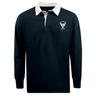 The EMB Mudoo Superior Rugby Club Classic Long Sleeve Solid Rugby Jersey features a navy design with white collar, button placket, cotton poly blend, and "Superior Rugby" logo on the left chest for authentic style.