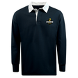 The EMB Mudoo Chicago Riot Classic Long Sleeve Solid Rugby Jersey features a navy blue cotton design, white collar, and Chicago HAWX logo on the left chest, inspired by timeless rugby styles.