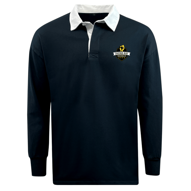 The EMB Mudoo Chicago Riot Classic Long Sleeve Solid Rugby Jersey features a navy blue cotton design, white collar, and Chicago HAWX logo on the left chest, inspired by timeless rugby styles.