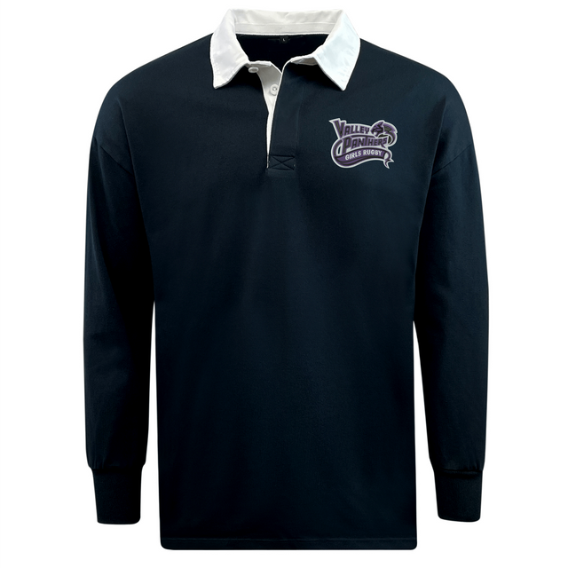 The Valley Panthers Girls Rugby Classic Long Sleeve Solid Rugby Jersey by EMB Mudoo is crafted from soft cotton in navy blue, featuring a white collar, button placket, and the “Valley Panthers Grass Rugby” logo on the left chest—a timeless rugby shirt perfect for any fan.