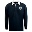 The EMB Mudoo South Orange County Raptors Classic Long Sleeve Solid Rugby Jersey features a timeless navy design, crafted from soft cotton and accented with a crisp white collar and cuffs. Set against a plain white background, this rugby shirt displays an eagle crest on the left chest.