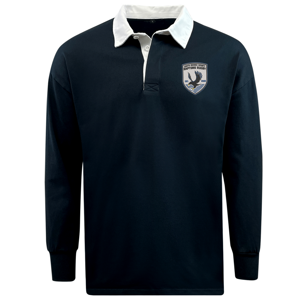 The EMB Mudoo South Orange County Raptors Classic Long Sleeve Solid Rugby Jersey features a timeless navy design, crafted from soft cotton and accented with a crisp white collar and cuffs. Set against a plain white background, this rugby shirt displays an eagle crest on the left chest.