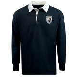 The EMB Mudoo South Orange County Raptors Classic Long Sleeve Solid Rugby Jersey features a timeless navy design, crafted from soft cotton and accented with a crisp white collar and cuffs. Set against a plain white background, this rugby shirt displays an eagle crest on the left chest.