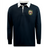 Introducing the EMB Mudoo RVA T.R.C. Classic Long Sleeve Solid Rugby Jersey—a navy blue rugby shirt featuring a white collar and a vibrant embroidered RVA crest on the left chest, designed in timeless rugby style.