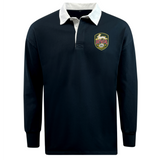 Introducing the EMB Mudoo RVA T.R.C. Classic Long Sleeve Solid Rugby Jersey—a navy blue rugby shirt featuring a white collar and a vibrant embroidered RVA crest on the left chest, designed in timeless rugby style.