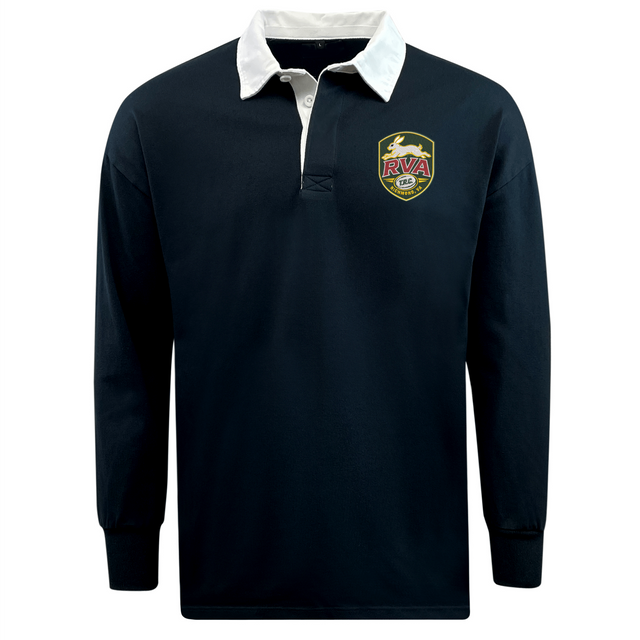 Introducing the EMB Mudoo RVA T.R.C. Classic Long Sleeve Solid Rugby Jersey—a navy blue rugby shirt featuring a white collar and a vibrant embroidered RVA crest on the left chest, designed in timeless rugby style.