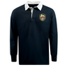 Introducing the EMB Mudoo RVA T.R.C. Classic Long Sleeve Solid Rugby Jersey—a navy blue rugby shirt featuring a white collar and a vibrant embroidered RVA crest on the left chest, designed in timeless rugby style.