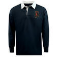 EMB Mudoo Aging Alabama Rugby Players Classic Long Sleeve Solid Rugby Jersey in navy with a white collar and a graphic of an Alabama state outline containing a logo of a person holding a scythe.