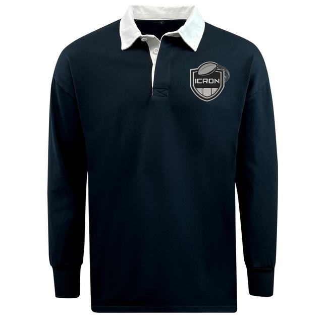 EMB Mudoo ICRON Classic Long Sleeve Solid Rugby Jersey in navy with a white collar and an “ICRON” shield logo on the chest.