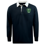 EMB Mudoo Rock Rugby Classic Long Sleeve Solid Rugby Jersey in classic navy with a white collar and a green “Rock Rugby Lions” shield logo on the chest.
