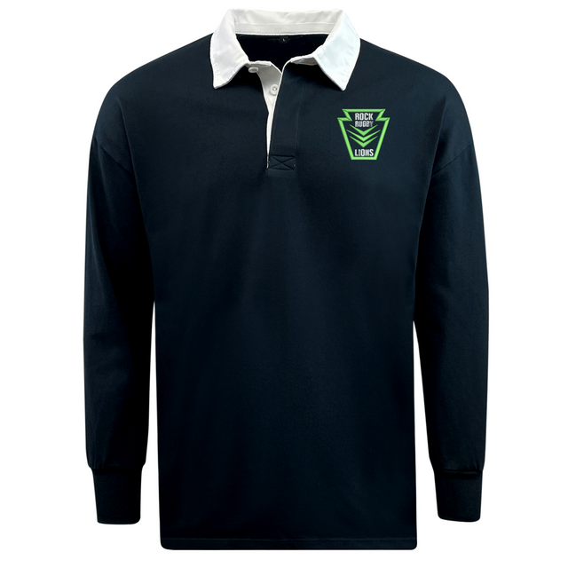 EMB Mudoo Rock Rugby Classic Long Sleeve Solid Rugby Jersey in classic navy with a white collar and a green “Rock Rugby Lions” shield logo on the chest.