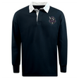 The EMB Mudoo Cypress Warriors Men's Rugby Classic Long Sleeve Solid Rugby Jersey is black with a white collar and features a small embroidered sword and shield logo patch on the left chest.