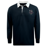 The EMB Mudoo Cypress Warriors Men's Rugby Classic Long Sleeve Solid Rugby Jersey is black with a white collar and features a small embroidered sword and shield logo patch on the left chest.