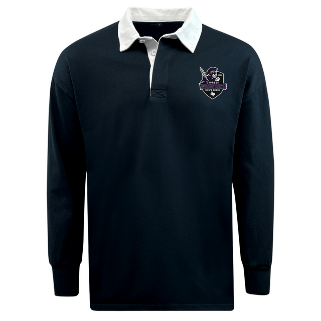 The EMB Mudoo Cypress Warriors Men's Rugby Classic Long Sleeve Solid Rugby Jersey is black with a white collar and features a small embroidered sword and shield logo patch on the left chest.