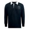 The EMB Mudoo Cypress Warriors Men's Rugby Classic Long Sleeve Solid Rugby Jersey is black with a white collar and features a small embroidered sword and shield logo patch on the left chest.