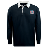 The WRS Mudoo SWFL Lady Hammerheads Classic Long Sleeve Solid Rugby Jersey is a black shirt with a white collar and a bold shark-themed "Hammerheads" logo on the left chest.