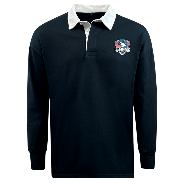 The WRS Mudoo SWFL Lady Hammerheads Classic Long Sleeve Solid Rugby Jersey is a black shirt with a white collar and a bold shark-themed "Hammerheads" logo on the left chest.