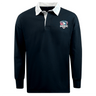 The WRS Mudoo SWFL Lady Hammerheads Classic Long Sleeve Solid Rugby Jersey is a black shirt with a white collar and a bold shark-themed "Hammerheads" logo on the left chest.