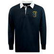 The EMB Mudoo Spartan Youth Rugby Classic Long Sleeve Solid Rugby Jersey is a navy shirt with a white collar and a yellow "Spartan" logo on the left chest.