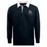 The EMB Mudoo Birmingham Iron Women's Football Classic Long Sleeve Solid Rugby Jersey features a black design with a white collar and a Tron helmet with red plume on the left chest for bold style.