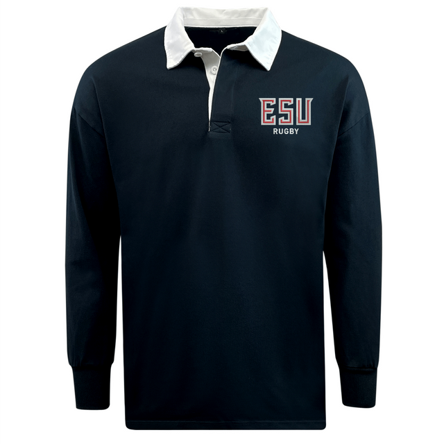 The EMB Mudoo East Stroudsburg University Classic Long Sleeve Solid Rugby Jersey is navy with a white collar and "ESU Rugby" embroidered in red, white, and blue on the left chest.