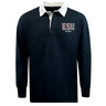 The EMB Mudoo East Stroudsburg University Classic Long Sleeve Solid Rugby Jersey is navy with a white collar and "ESU Rugby" embroidered in red, white, and blue on the left chest.