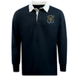 The Hornets Rugby Club 1977 Classic Long Sleeve Solid Rugby Jersey by EMB Mudoo features a navy blue design with a white collar, an embroidered crest reading "Rugby Club 1977," and a distinctive yellow and green animal logo on the left chest, offering timeless style and comfort in a relaxed fit rugby silhouette.