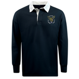 The Hornets Rugby Club 1977 Classic Long Sleeve Solid Rugby Jersey by EMB Mudoo features a navy blue design with a white collar, an embroidered crest reading "Rugby Club 1977," and a distinctive yellow and green animal logo on the left chest, offering timeless style and comfort in a relaxed fit rugby silhouette.