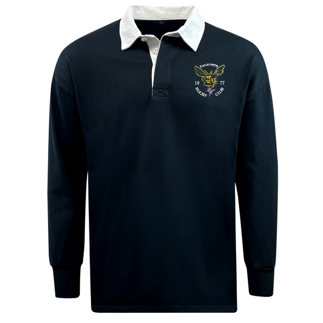 The Hornets Rugby Club 1977 Classic Long Sleeve Solid Rugby Jersey by EMB Mudoo features a navy blue design with a white collar, an embroidered crest reading "Rugby Club 1977," and a distinctive yellow and green animal logo on the left chest, offering timeless style and comfort in a relaxed fit rugby silhouette.