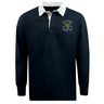The Hornets Rugby Club 1977 Classic Long Sleeve Solid Rugby Jersey by EMB Mudoo features a navy blue design with a white collar, an embroidered crest reading "Rugby Club 1977," and a distinctive yellow and green animal logo on the left chest, offering timeless style and comfort in a relaxed fit rugby silhouette.