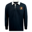 Introducing the EMB Mudoo Potomac Exiles Rugby Club Classic Long Sleeve Solid Rugby Jersey—this timeless navy rugby shirt is detailed with a crisp white collar and features a vibrant crest, showcasing a yellow "H" and "Y" on the left chest.