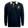Introducing the EMB Mudoo Potomac Exiles Rugby Club Classic Long Sleeve Solid Rugby Jersey—this timeless navy rugby shirt is detailed with a crisp white collar and features a vibrant crest, showcasing a yellow "H" and "Y" on the left chest.