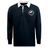 The Society of Iowa Rugby Referees Classic Long Sleeve Solid Rugby Jersey by EMB Mudoo features a navy blue design with long sleeves, a crisp white collar, and a circular patch adorned with pink lotus flowers and green leaves on the left chest, crafted from a comfortable cotton-polyester rugby blend.