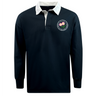 The Society of Iowa Rugby Referees Classic Long Sleeve Solid Rugby Jersey by EMB Mudoo features a navy blue design with long sleeves, a crisp white collar, and a circular patch adorned with pink lotus flowers and green leaves on the left chest, crafted from a comfortable cotton-polyester rugby blend.
