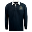 EMB Mudoo’s Lewis County Elks Classic Long Sleeve Solid Rugby Jersey features a navy cotton construction with a white collar, partial button placket, and an embroidered elk logo along with “ELKS” text on the left chest.