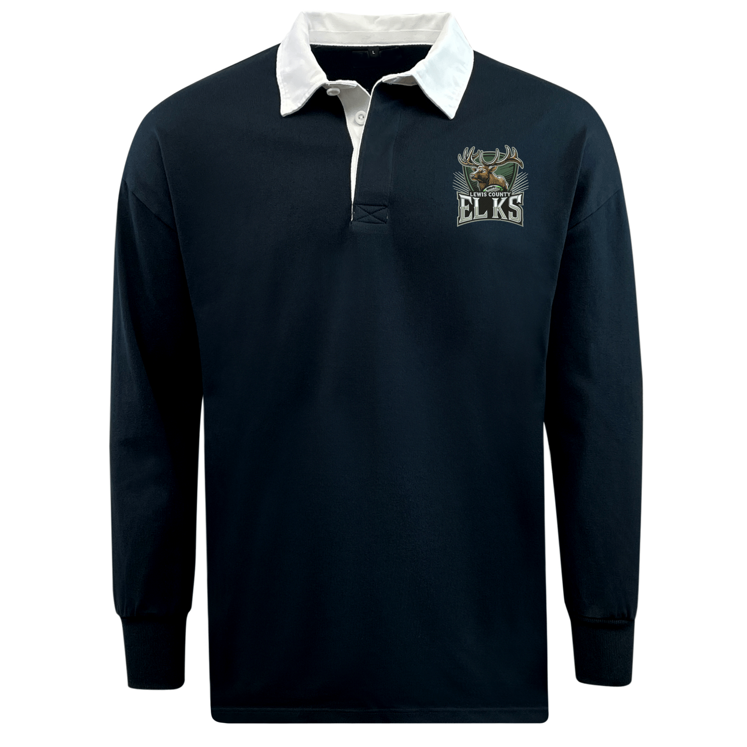 EMB Mudoo’s Lewis County Elks Classic Long Sleeve Solid Rugby Jersey features a navy cotton construction with a white collar, partial button placket, and an embroidered elk logo along with “ELKS” text on the left chest.