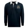 EMB Mudoo’s Lewis County Elks Classic Long Sleeve Solid Rugby Jersey features a navy cotton construction with a white collar, partial button placket, and an embroidered elk logo along with “ELKS” text on the left chest.