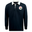 The EMB Mudoo Society of Iowa Rugby Referees Classic Long Sleeve Solid Rugby Jersey features a black design with a white collar and a circular patch adorned with a pink flower and green leaves on the left chest.