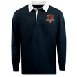 Godzilla Rugby Football Club Classic Long Sleeve Solid Rugby Jersey by EMB Mudoo, featuring a navy body, white collar, and a maroon and gold Cornell bear logo on the left chest.