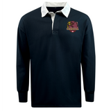 Godzilla Rugby Football Club Classic Long Sleeve Solid Rugby Jersey by EMB Mudoo, featuring a navy body, white collar, and a maroon and gold Cornell bear logo on the left chest.