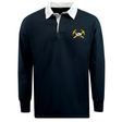 EMB Mudoo Mother Lode Classic Long Sleeve Solid Rugby Jersey in navy blue with a white collar and a “Mother Lode Rugby” logo featuring crossed pickaxes and a rugby ball.
