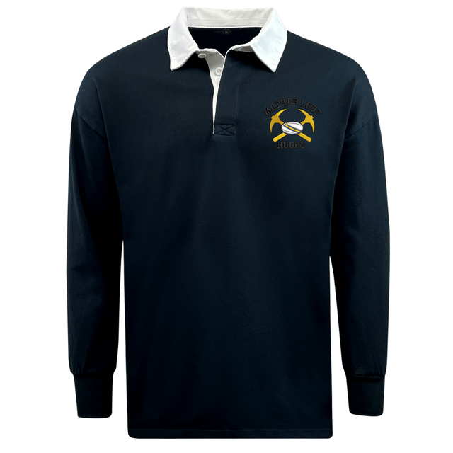 EMB Mudoo Mother Lode Classic Long Sleeve Solid Rugby Jersey in navy blue with a white collar and a “Mother Lode Rugby” logo featuring crossed pickaxes and a rugby ball.
