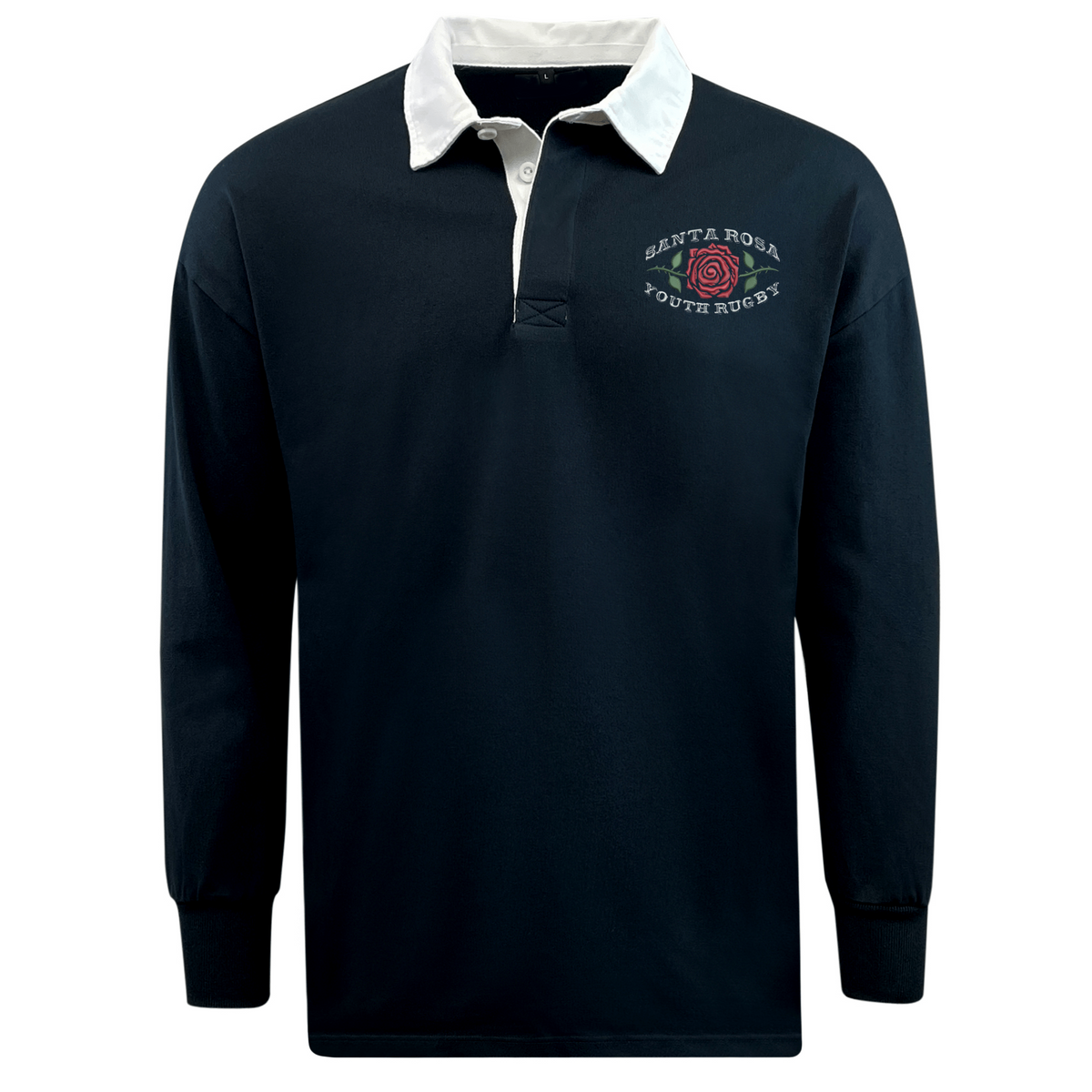 Introducing the EMB Mudoo Santa Rosa Youth Rugby Classic Long Sleeve Solid Rugby Jersey—a timeless navy blue rugby shirt featuring a crisp white collar, “Santa Rosa Youth Rugby” text, and a signature red rose logo on the left chest for an authentic, classic look.