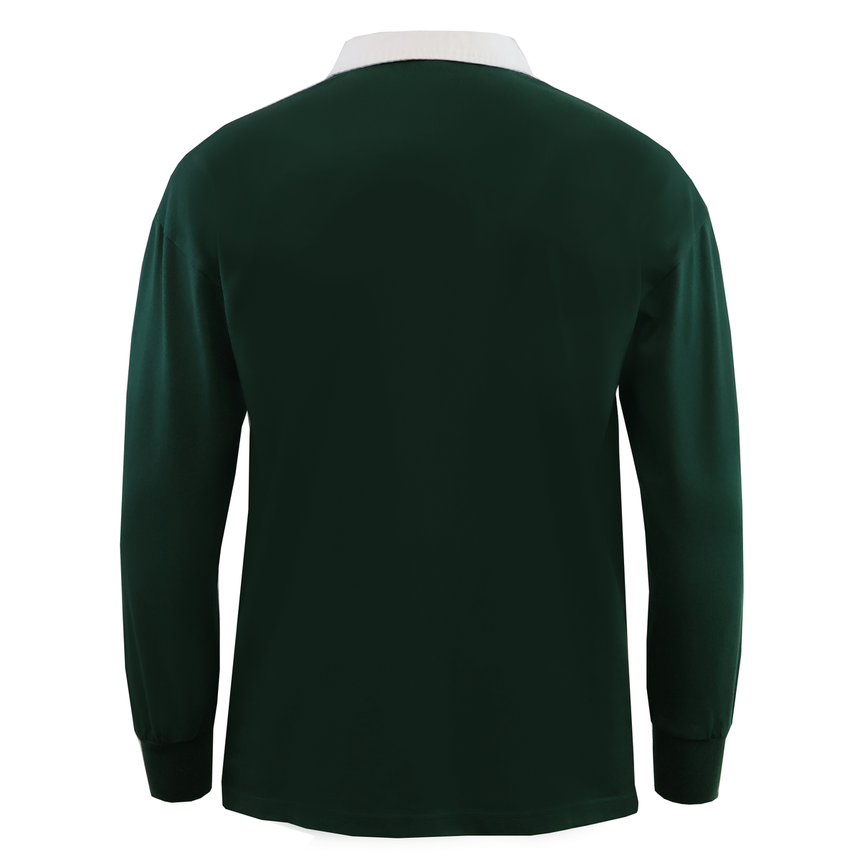 The Mudoo Classic Long Sleeve Solid Rugby Jersey features a dark green color, white collar, and is shown from the back on a white background.
